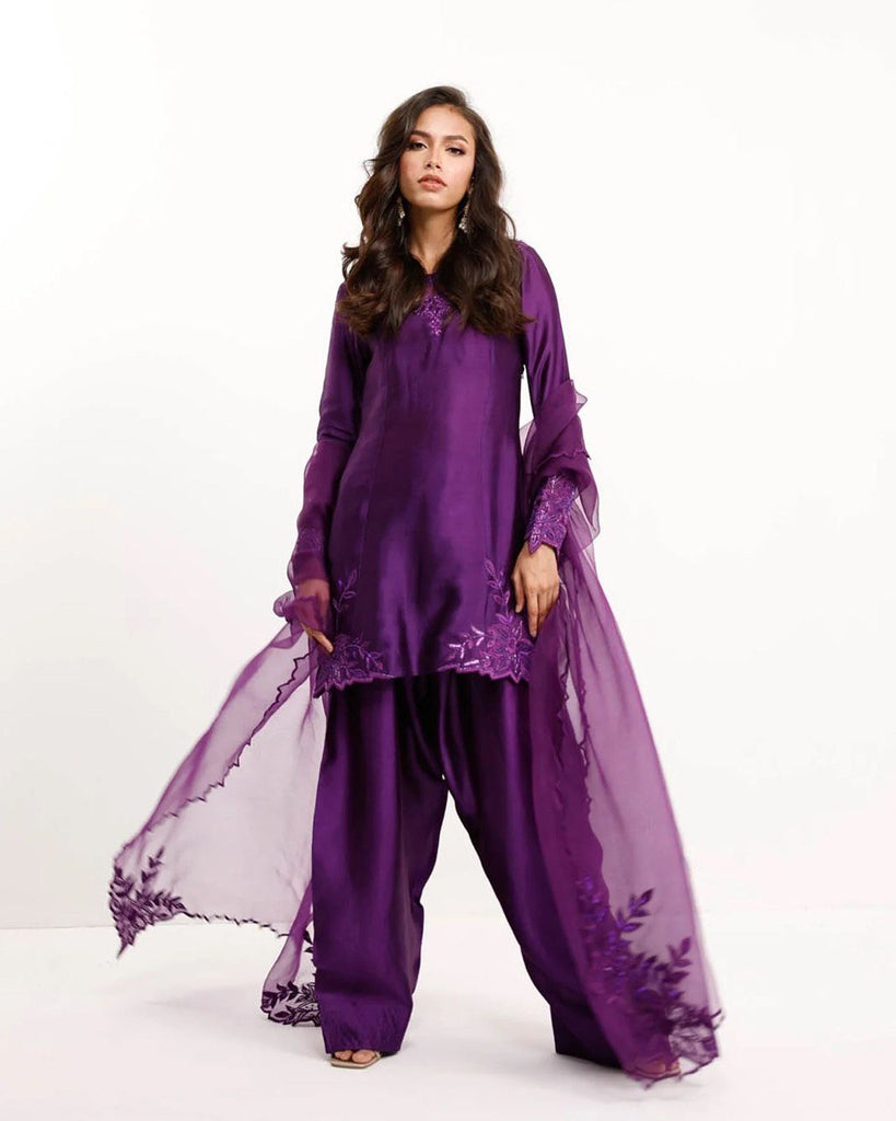 Purple Elegant Natural Crepe Farshi Salwar Set with Bead & Thread Work and Butterfly Net Dupatta ClothsVilla
