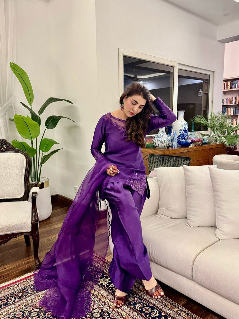Purple Elegant Natural Crepe Farshi Salwar Set with Bead & Thread Work and Butterfly Net Dupatta ClothsVilla