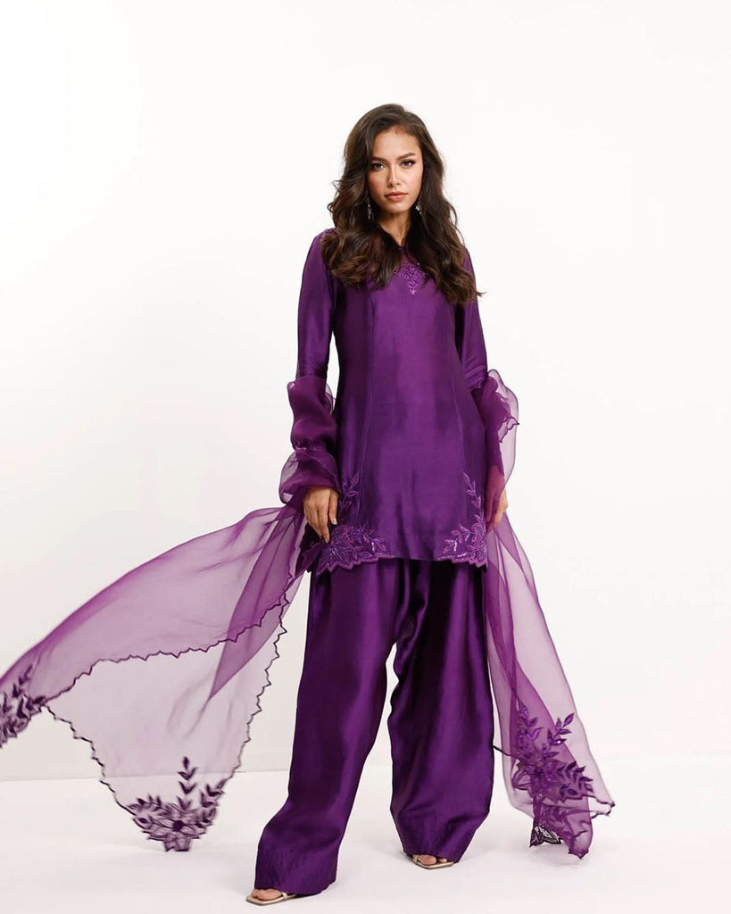 Purple Elegant Natural Crepe Farshi Salwar Set with Bead & Thread Work and Butterfly Net Dupatta ClothsVilla