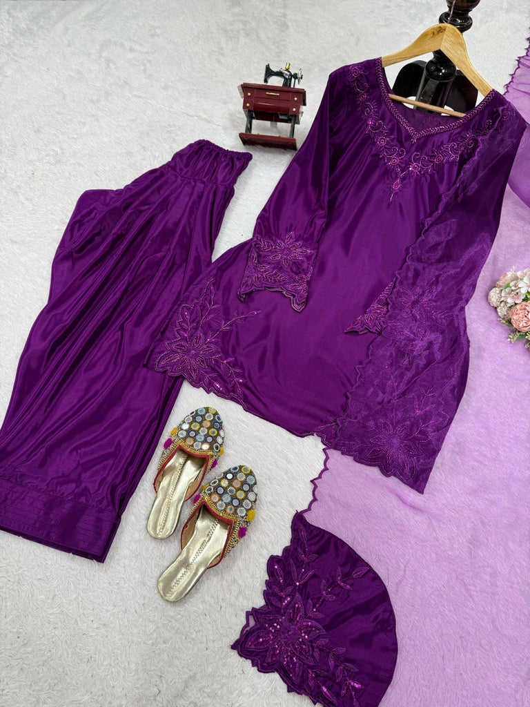 Purple Elegant Natural Crepe Farshi Salwar Set with Bead & Thread Work and Butterfly Net Dupatta ClothsVilla