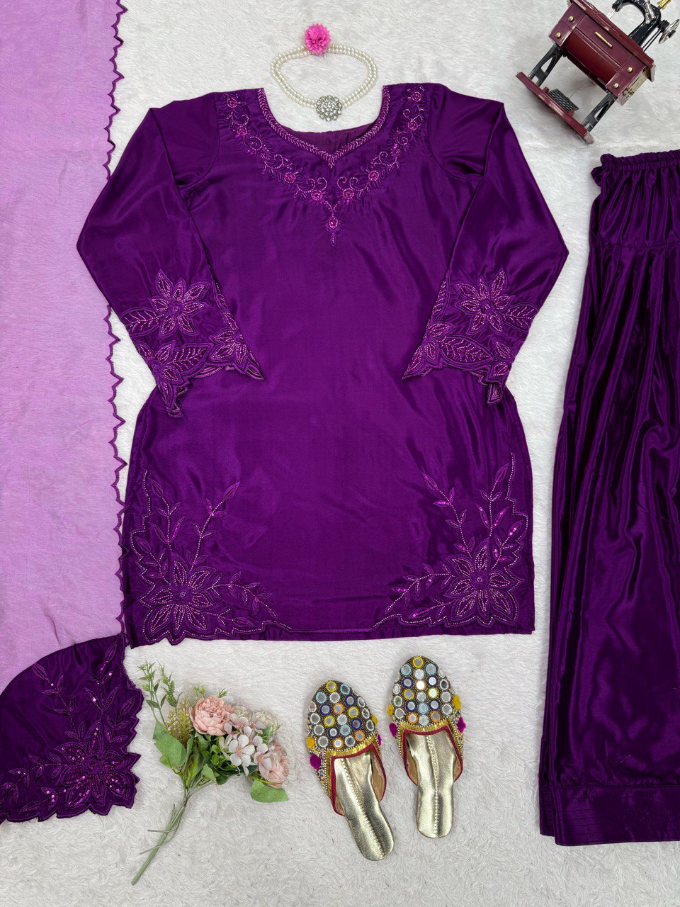Purple Elegant Natural Crepe Farshi Salwar Set with Bead & Thread Work and Butterfly Net Dupatta ClothsVilla