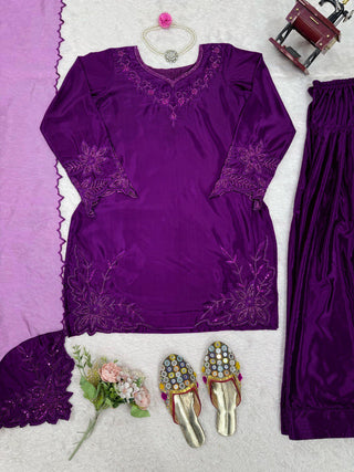 Purple Elegant Natural Crepe Farshi Salwar Set with Bead & Thread Work and Butterfly Net Dupatta ClothsVilla
