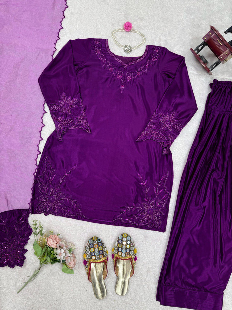 Purple Elegant Natural Crepe Farshi Salwar Set with Bead & Thread Work and Butterfly Net Dupatta ClothsVilla