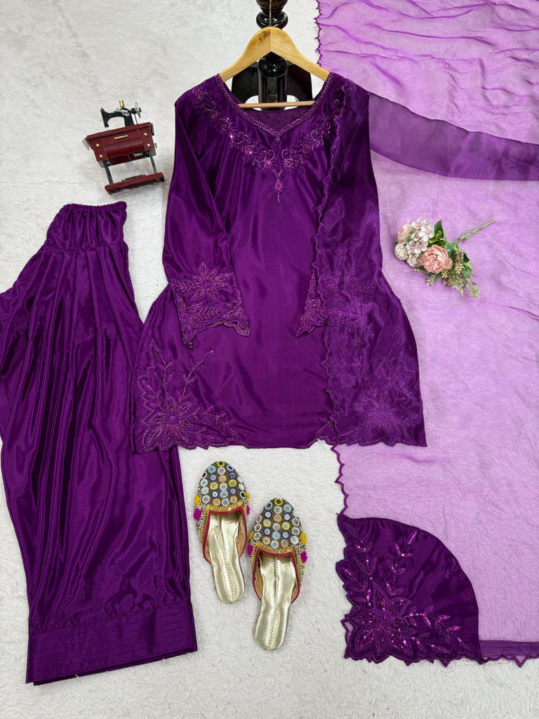Purple Elegant Natural Crepe Farshi Salwar Set with Bead & Thread Work and Butterfly Net Dupatta ClothsVilla