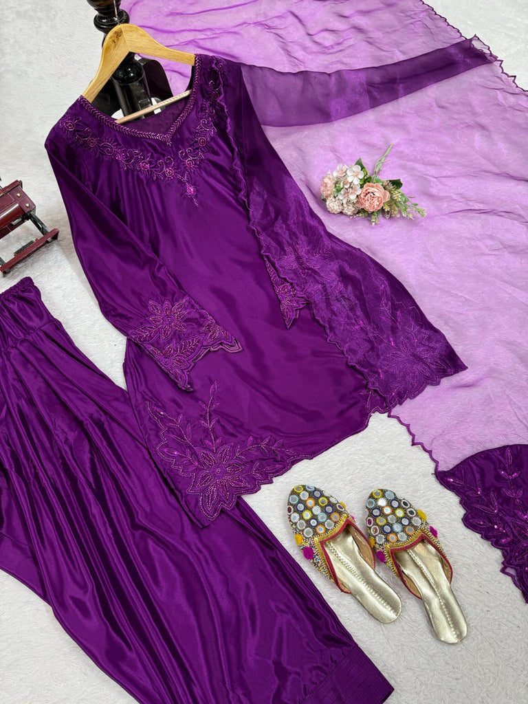 Purple Elegant Natural Crepe Farshi Salwar Set with Bead & Thread Work and Butterfly Net Dupatta ClothsVilla