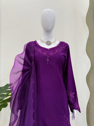 Purple Elegant Natural Crepe Farshi Salwar Set with Bead & Thread Work and Butterfly Net Dupatta ClothsVilla