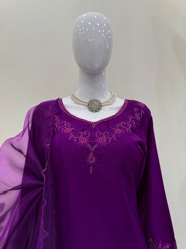 Purple Elegant Natural Crepe Farshi Salwar Set with Bead & Thread Work and Butterfly Net Dupatta ClothsVilla