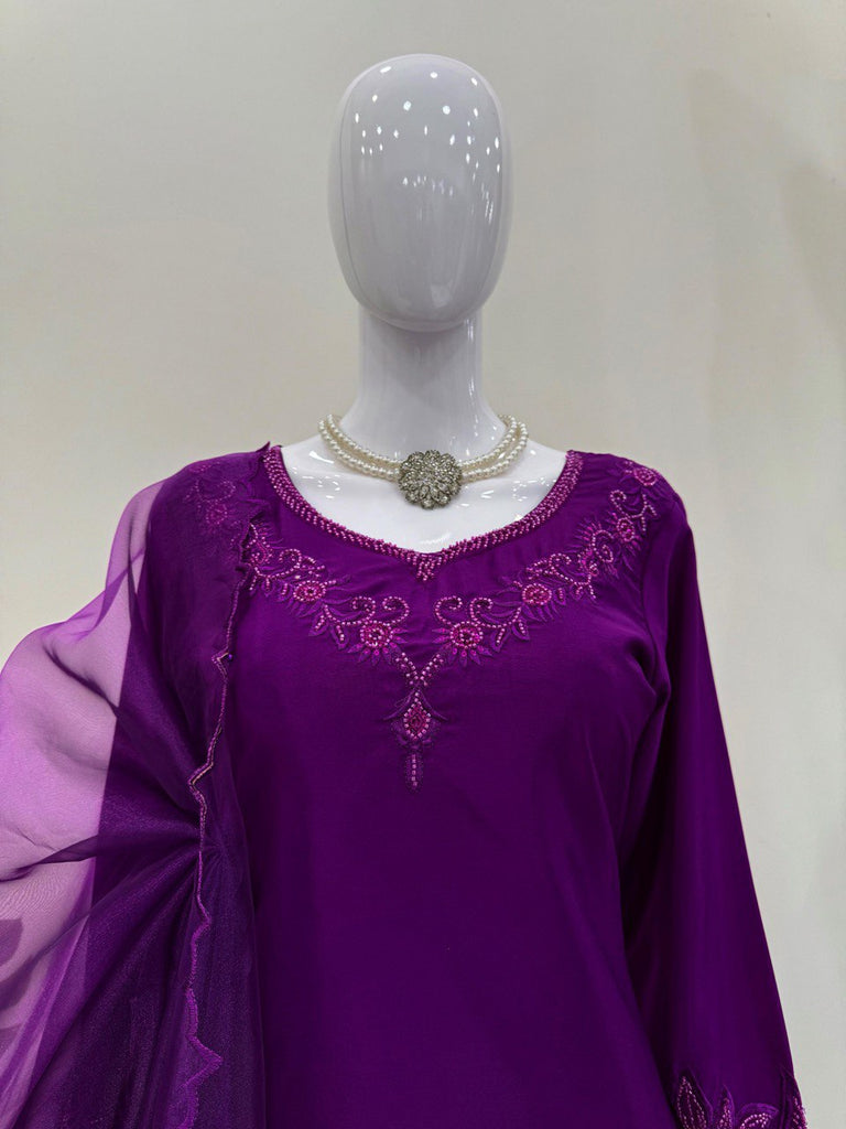 Purple Elegant Natural Crepe Farshi Salwar Set with Bead & Thread Work and Butterfly Net Dupatta ClothsVilla