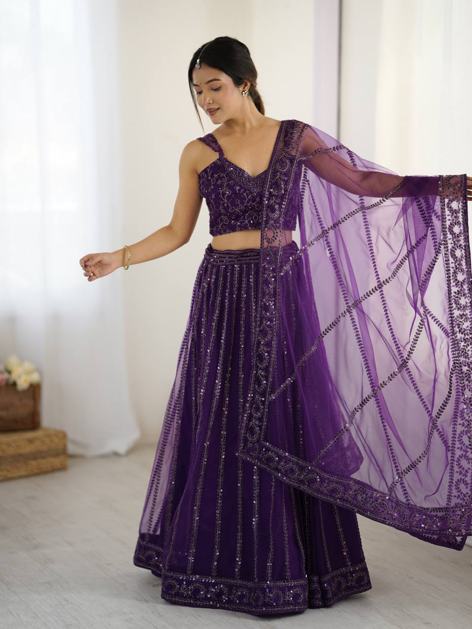 Purple Elegant Net Lehenga Set with Sequins & Dori Work Secondary image