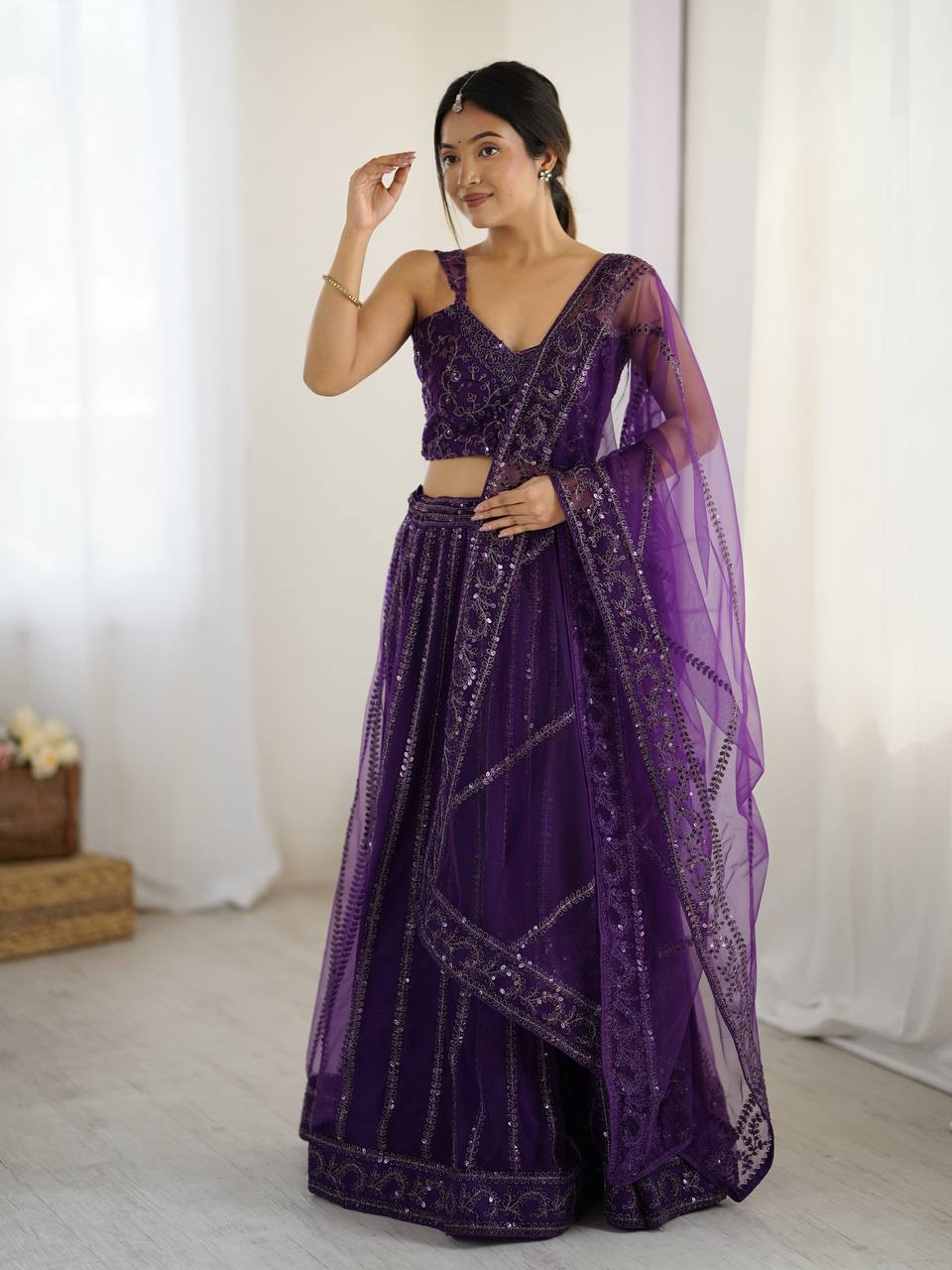 Purple Elegant Net Lehenga Set with Sequins & Dori Work ClothsVilla Main image