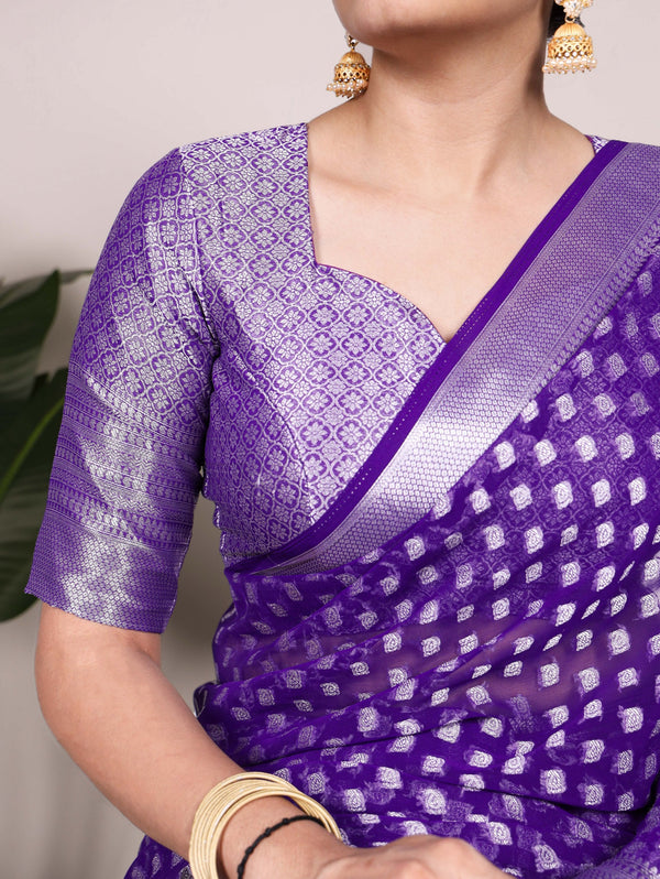 Purple Elegant Nylon Georgette Saree with Zari Weaving & Viscose Border ClothsVilla