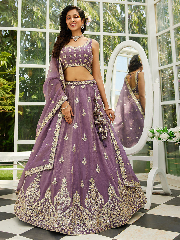 Purple Elegant Organza Semi-Stitched Lehenga Set with Sequin & Thread Embroidery ClothsVilla