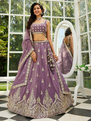 Purple Elegant Organza Semi-Stitched Lehenga Set with Sequin & Thread Embroidery ClothsVilla