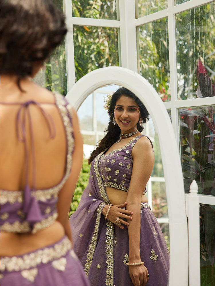 Purple Elegant Organza Semi-Stitched Lehenga Set with Sequin & Thread Embroidery ClothsVilla