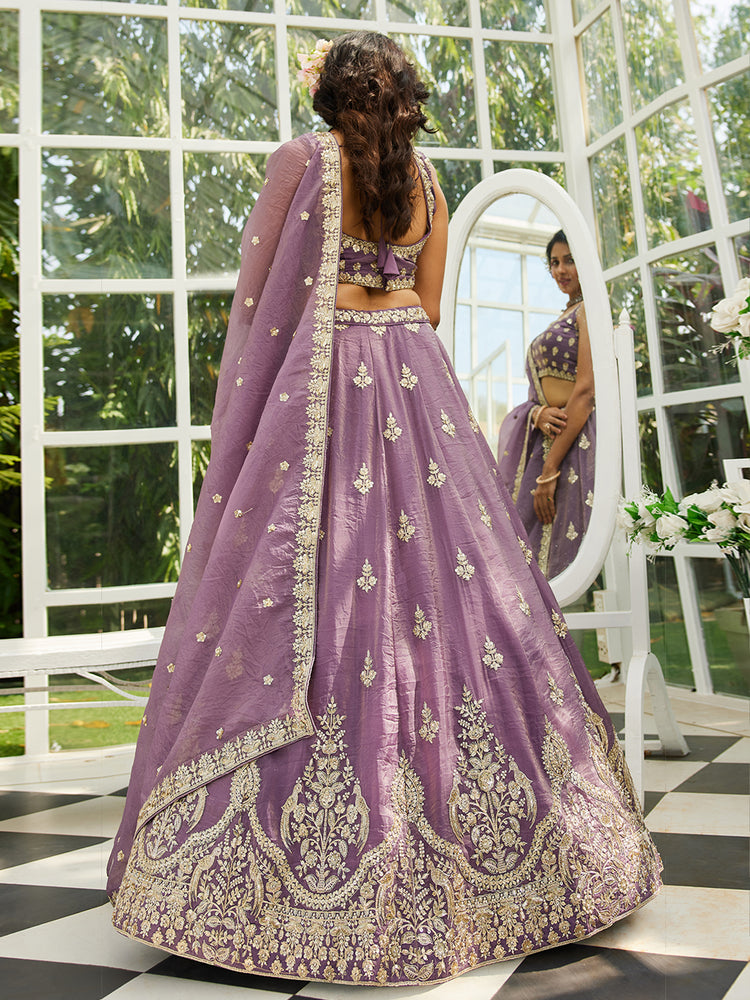 Purple Elegant Organza Semi-Stitched Lehenga Set with Sequin & Thread Embroidery ClothsVilla