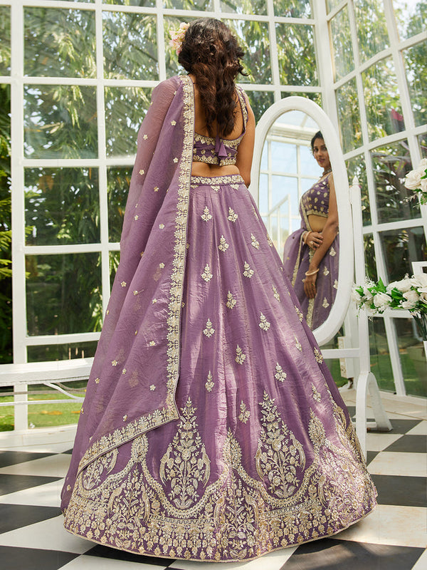 Purple Elegant Organza Semi-Stitched Lehenga Set with Sequin & Thread Embroidery ClothsVilla