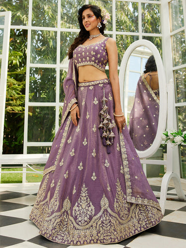 Purple Elegant Organza Semi-Stitched Lehenga Set with Sequin & Thread Embroidery ClothsVilla