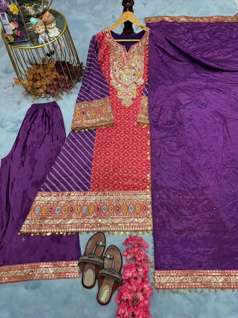 Purple Elegant Party-Wear Designer Chinon Silk Top, Palazzo & Dupatta Set ClothsVilla