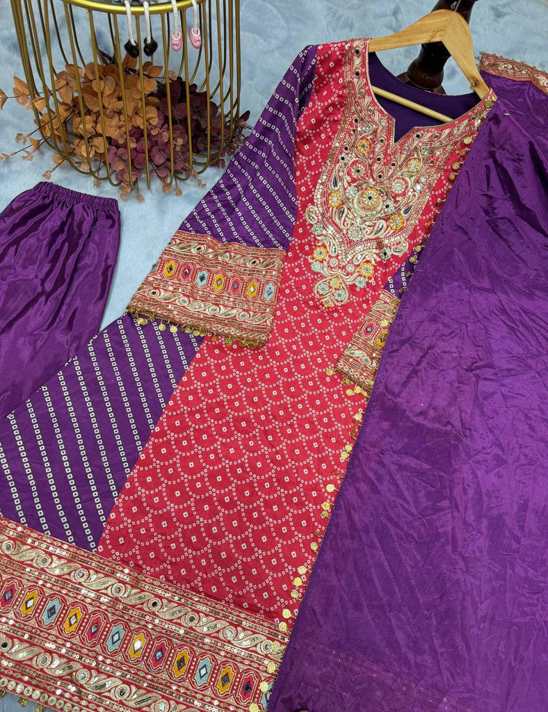 Purple Elegant Party-Wear Designer Chinon Silk Top, Palazzo & Dupatta Set ClothsVilla