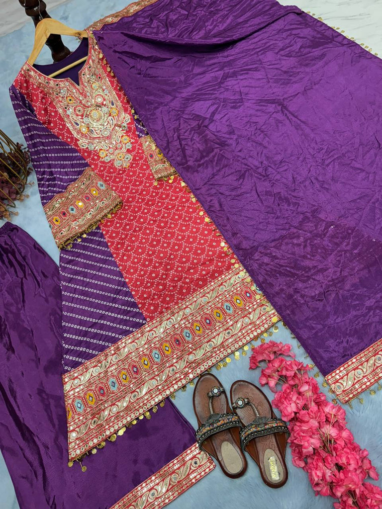 Purple Elegant Party-Wear Designer Chinon Silk Top, Palazzo & Dupatta Set ClothsVilla