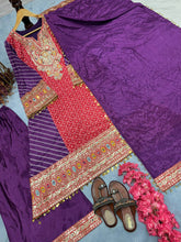 Load image into Gallery viewer, Purple Elegant Party-Wear Designer Chinon Silk Top, Palazzo &amp; Dupatta Set ClothsVilla