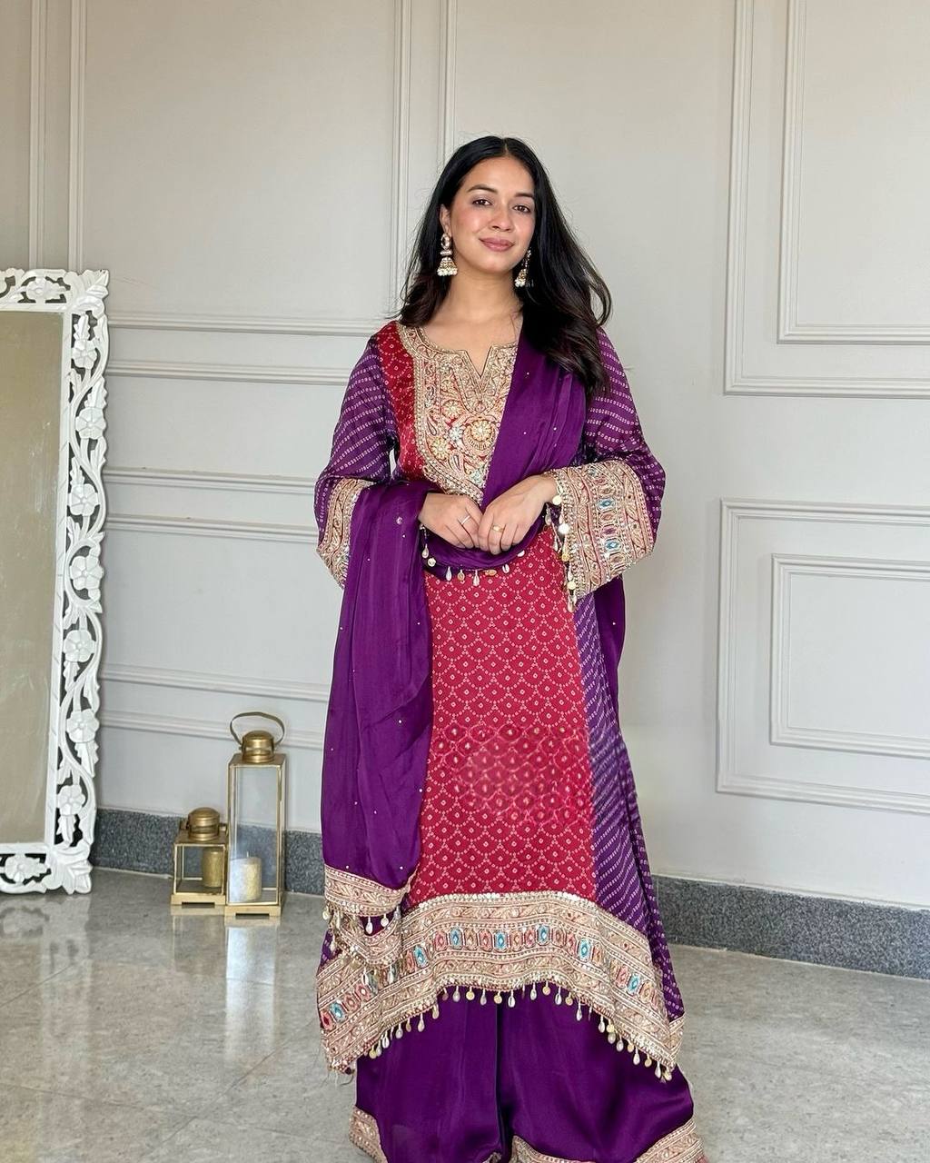 Purple Elegant Party-Wear Designer Chinon Silk Top, Palazzo & Dupatta Set ClothsVilla Main image