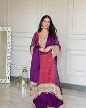 Load image into Gallery viewer, Purple Elegant Party-Wear Designer Chinon Silk Top, Palazzo &amp; Dupatta Set ClothsVilla