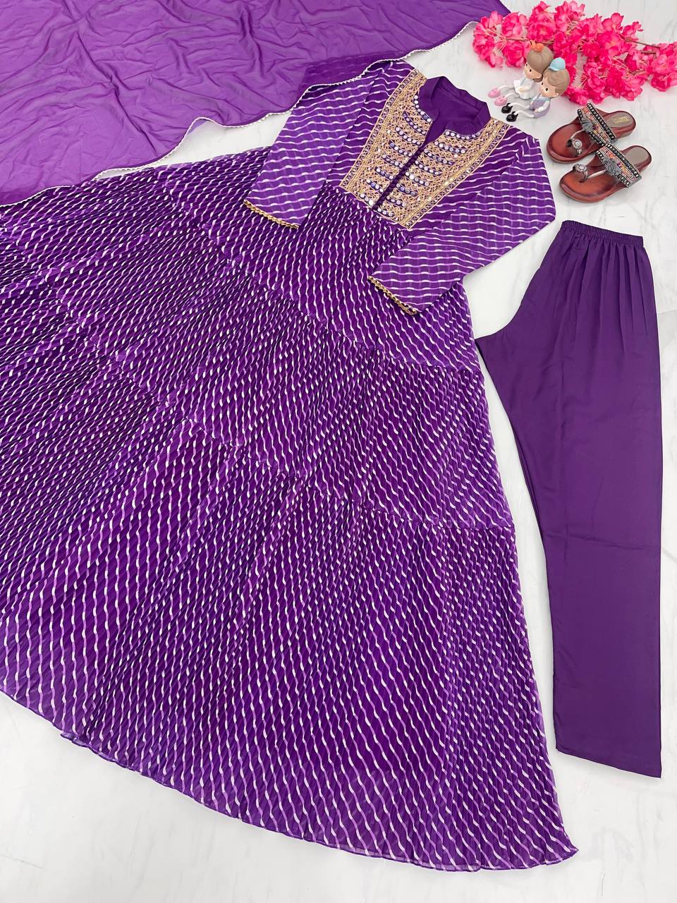 Purple Elegant Party Wear Gown Set with Three-Layered Ruffles, Dupatta & Bottom ClothsVilla