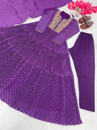 Purple Elegant Party Wear Gown Set with Three-Layered Ruffles, Dupatta & Bottom ClothsVilla