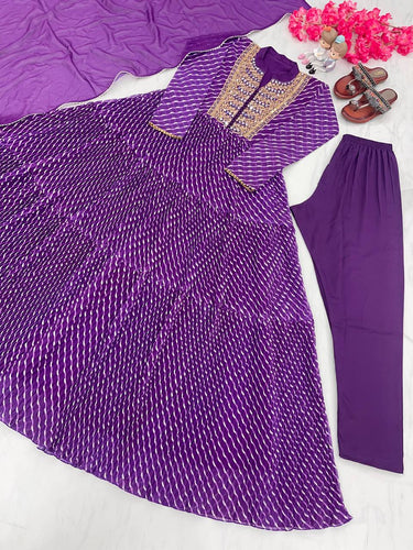 Purple Elegant Party Wear Gown Set with Three-Layered Ruffles, Dupatta & Bottom ClothsVilla