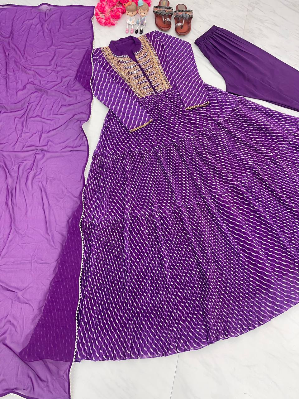 Purple Elegant Party Wear Gown Set with Three-Layered Ruffles, Dupatta & Bottom ClothsVilla