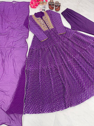 Purple Elegant Party Wear Gown Set with Three-Layered Ruffles, Dupatta & Bottom ClothsVilla