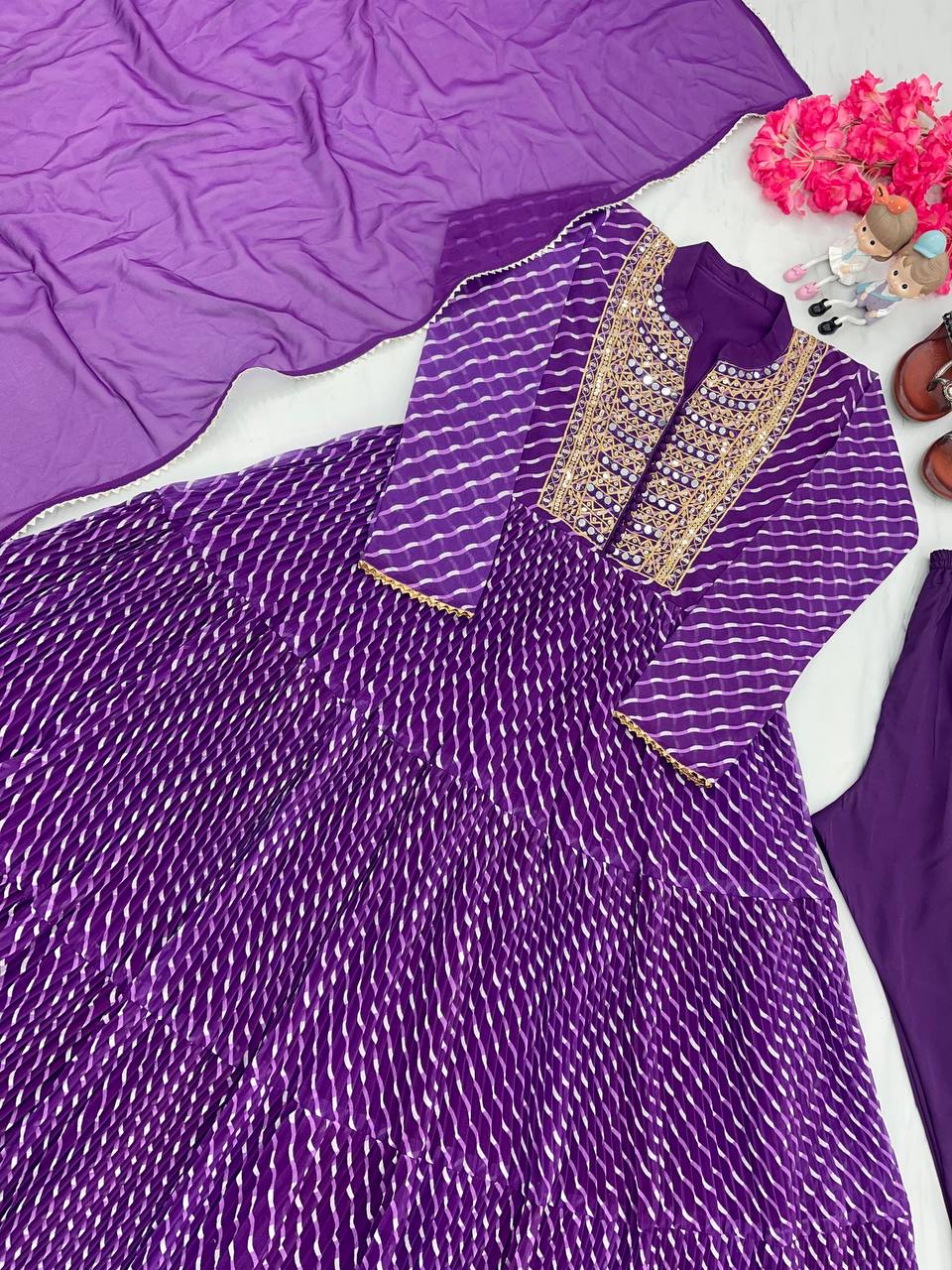 Purple Elegant Party Wear Gown Set with Three-Layered Ruffles, Dupatta & Bottom ClothsVilla