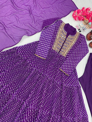 Purple Elegant Party Wear Gown Set with Three-Layered Ruffles, Dupatta & Bottom ClothsVilla
