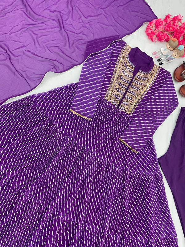 Purple Elegant Party Wear Gown Set with Three-Layered Ruffles, Dupatta & Bottom ClothsVilla