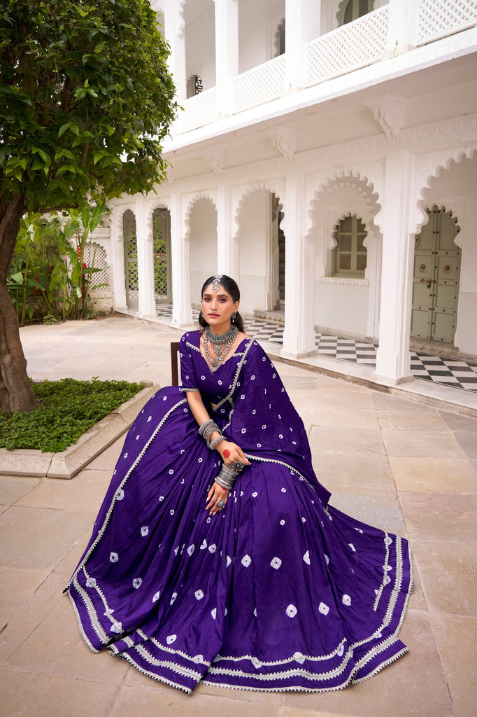 Purple Elegant Pure Chanderi Bandhej Print Lehenga Set with Blouse & Dupatta – Stitched with Canvas and Lace Detailing ClothsVilla