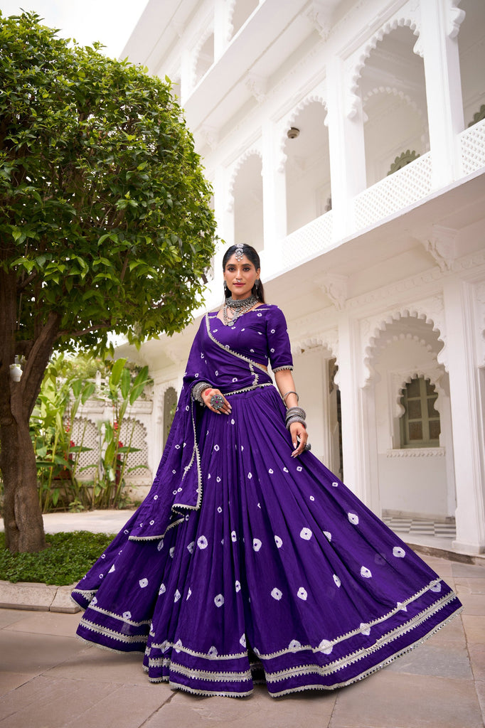 Purple Elegant Pure Chanderi Bandhej Print Lehenga Set with Blouse & Dupatta – Stitched with Canvas and Lace Detailing ClothsVilla
