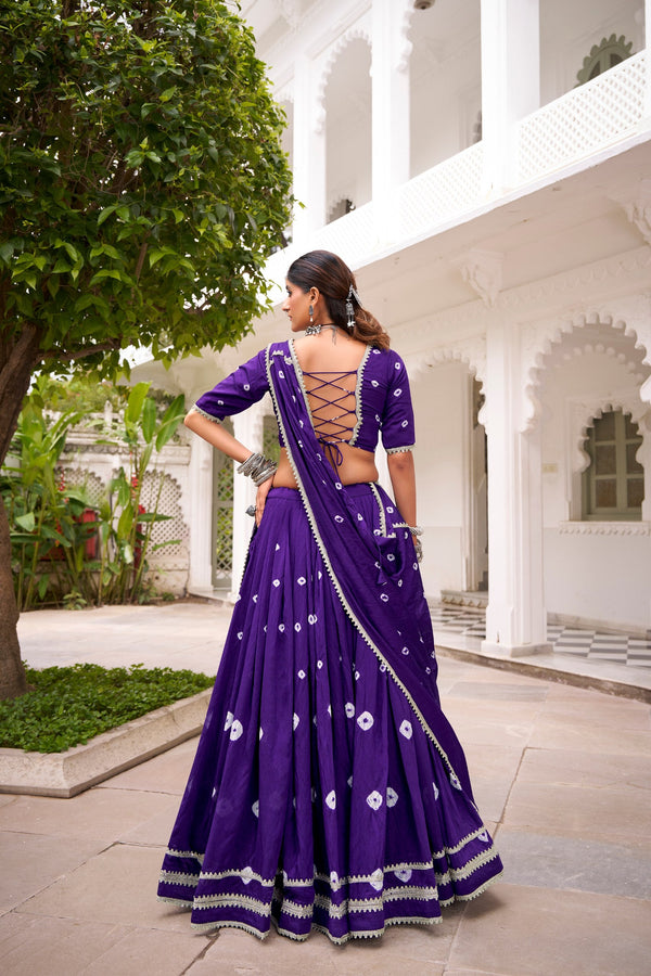 Purple Elegant Pure Chanderi Bandhej Print Lehenga Set with Blouse & Dupatta – Stitched with Canvas and Lace Detailing ClothsVilla