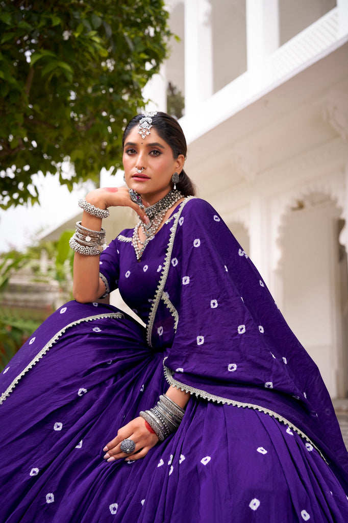 Purple Elegant Pure Chanderi Bandhej Print Lehenga Set with Blouse & Dupatta – Stitched with Canvas and Lace Detailing ClothsVilla