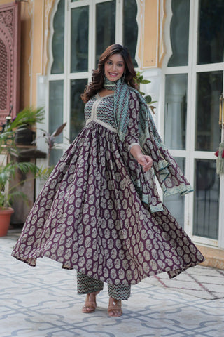 Purple Elegant Pure Cotton 3-Piece Suit Set for Women Comfortable Fit ClothsVilla