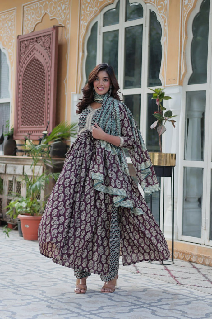 Purple Elegant Pure Cotton 3-Piece Suit Set for Women Comfortable Fit ClothsVilla