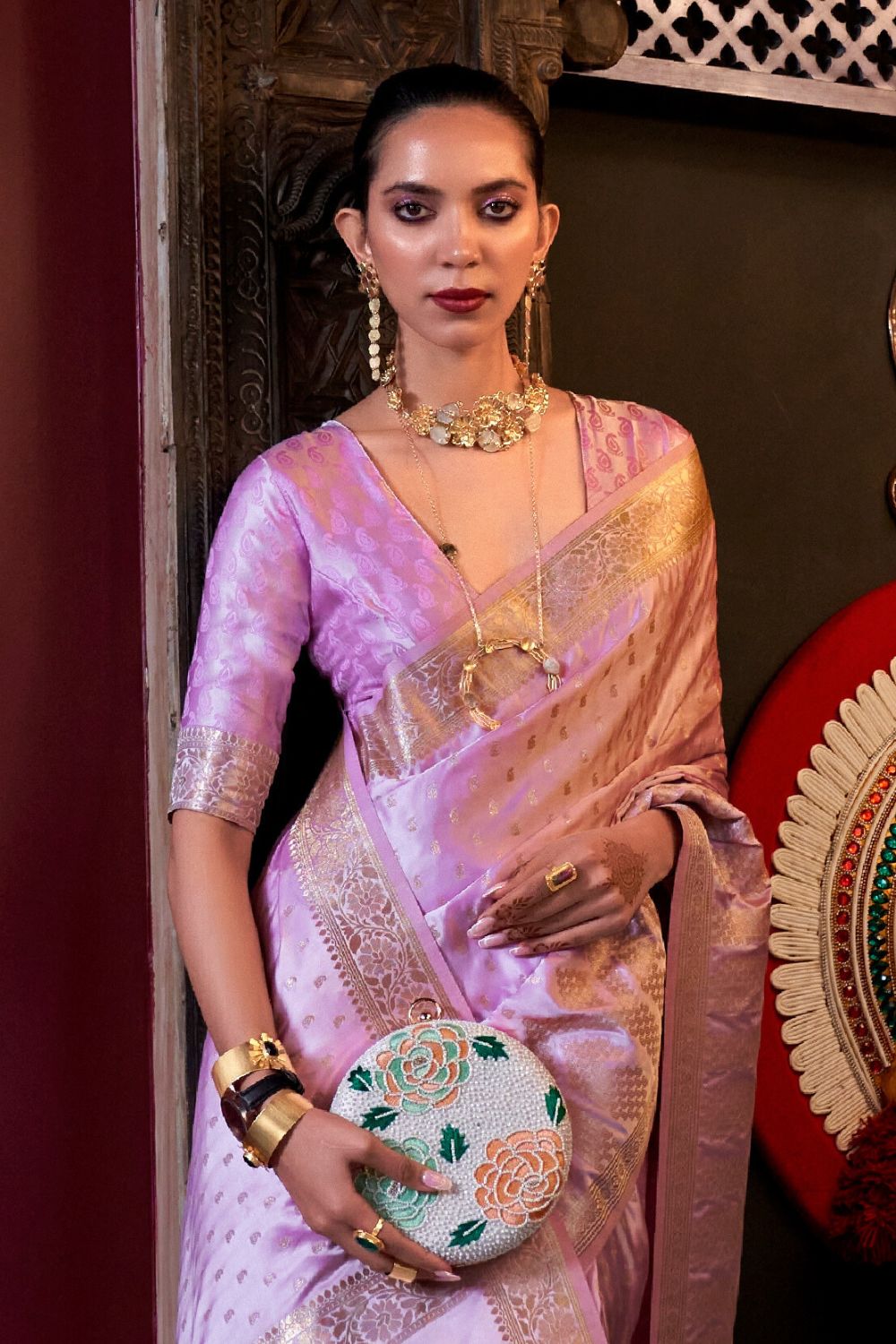 Purple Elegant Pure Satin Handloom Saree with Unstitched Blouse Piece Clothsvilla