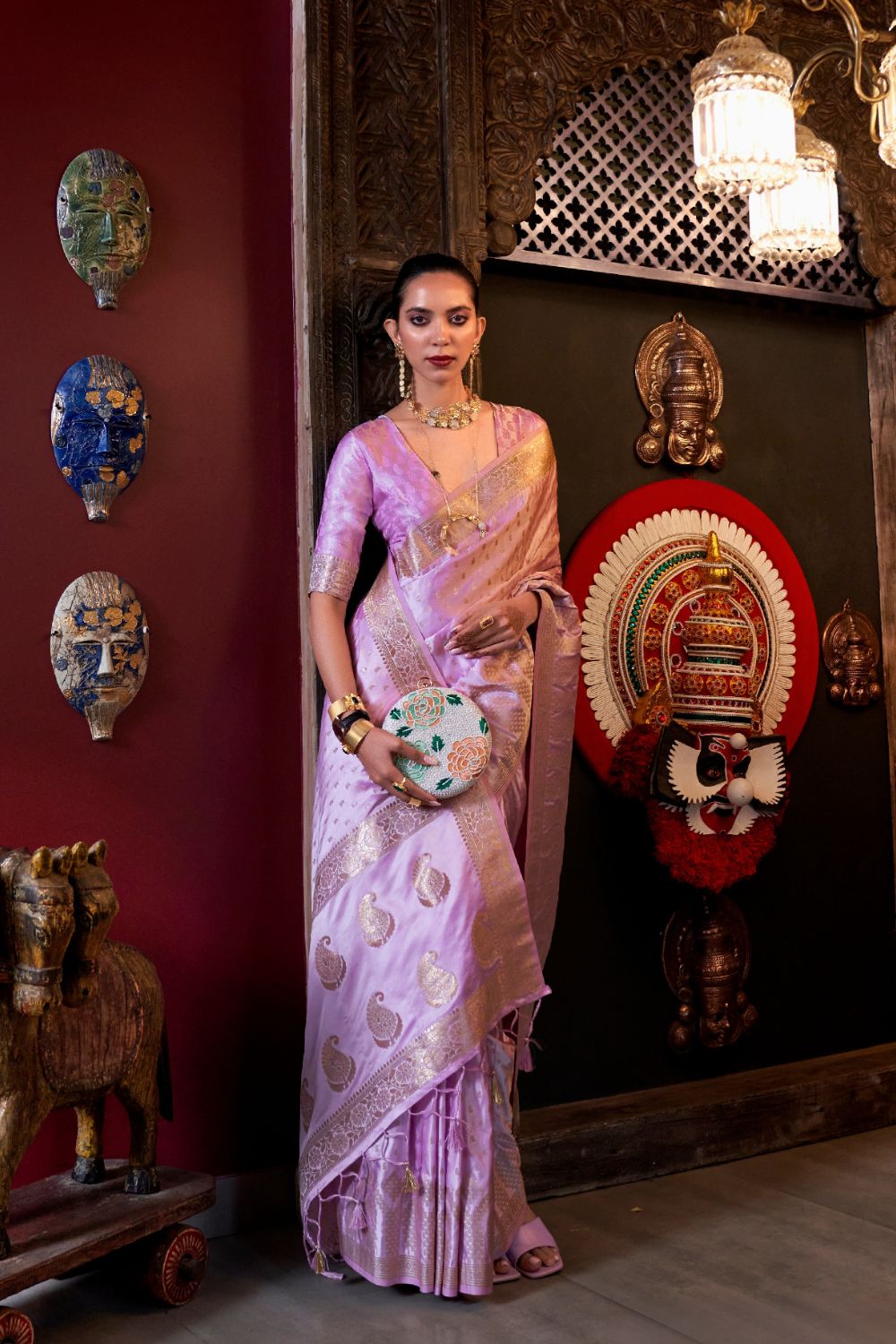 Purple Elegant Pure Satin Handloom Saree with Unstitched Blouse Piece Clothsvilla