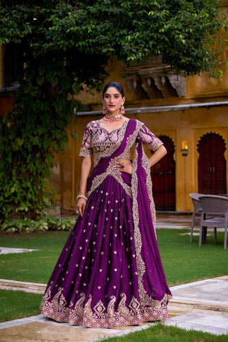 Purple Elegant Rangoli Crush Lehenga Set with Sequins & Thread Work – Stitched Lehenga, Unstitched Blouse, and Matching Dupatta ClothsVilla