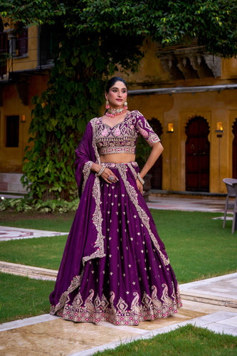 Purple Elegant Rangoli Crush Lehenga Set with Sequins & Thread Work – Stitched Lehenga, Unstitched Blouse, and Matching Dupatta ClothsVilla