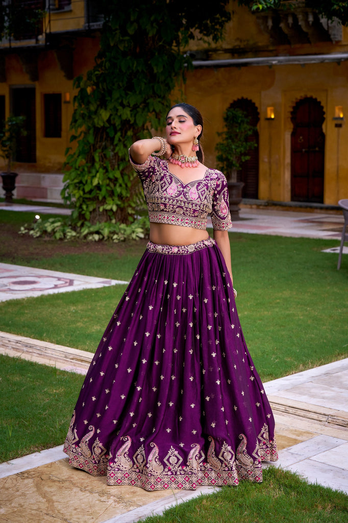 Purple Elegant Rangoli Crush Lehenga Set with Sequins & Thread Work – Stitched Lehenga, Unstitched Blouse, and Matching Dupatta ClothsVilla