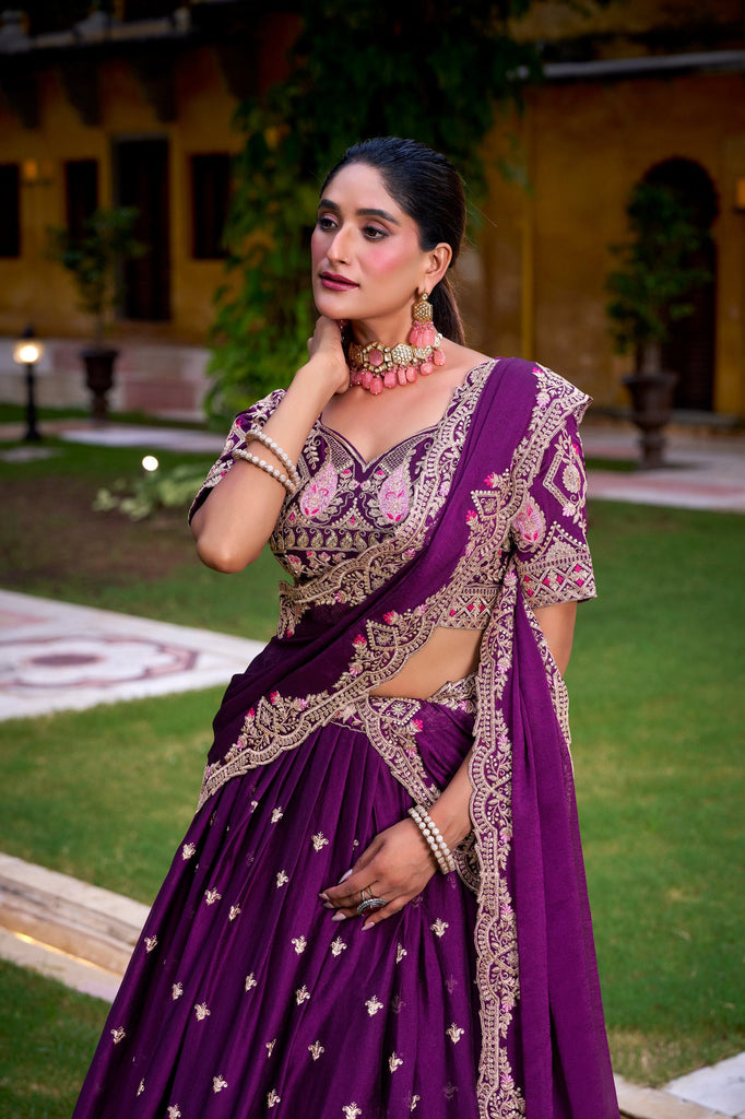 Purple Elegant Rangoli Crush Lehenga Set with Sequins & Thread Work – Stitched Lehenga, Unstitched Blouse, and Matching Dupatta ClothsVilla