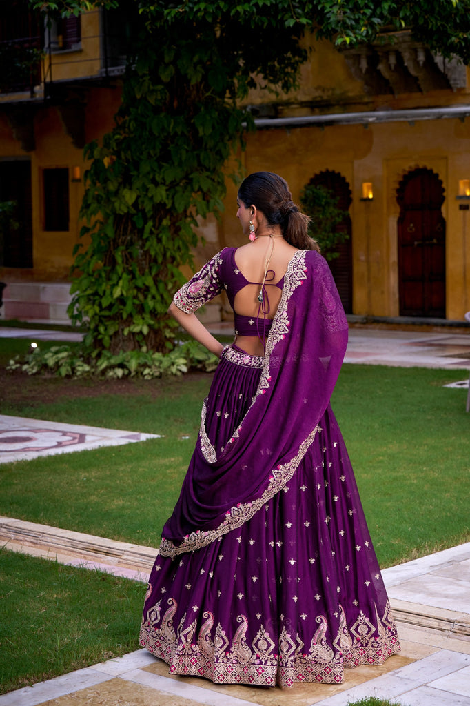 Purple Elegant Rangoli Crush Lehenga Set with Sequins & Thread Work – Stitched Lehenga, Unstitched Blouse, and Matching Dupatta ClothsVilla