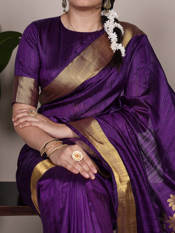 Purple Elegant Raw Silk Saree with Zari Weaving Work ClothsVilla
