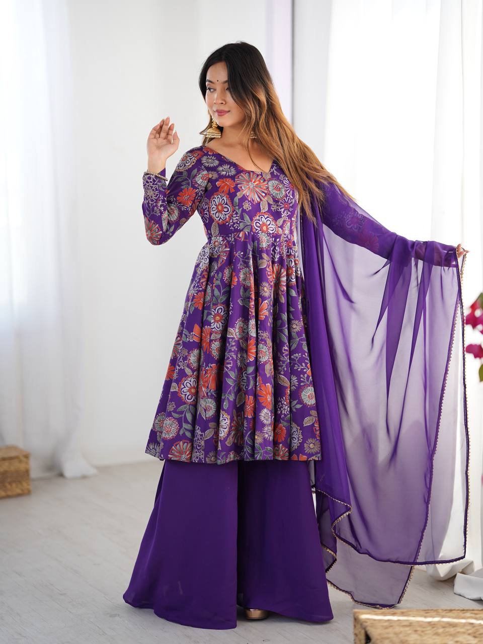 Purple Elegant Roman Silk Chanderi Kediya Kurta Set with Dupatta & Palazzo ClothsVilla Main image